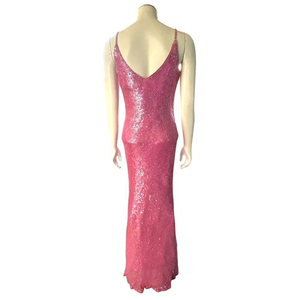 Scala Small Pink Silk Sequin Bias Cut Gown V Back Barbiecore Y2K Vintage Evening - Picture 5 of 11